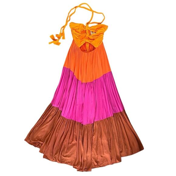Farm Rio Women’s Color Block Orange Pink Halter Tie Cutout Bust Maxi Dress Small - Picture 2 of 14